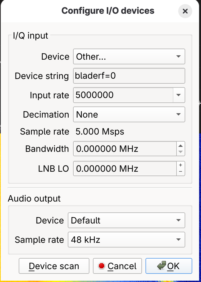 GQRX configuration for BladeRF
